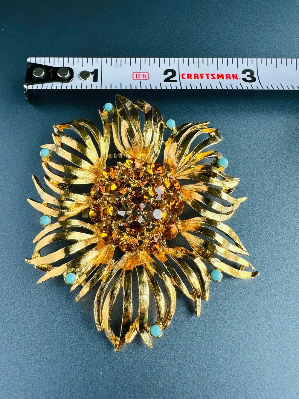Early 1950s Sarah Coventry Script Signed Flower Brooch Gold Tone Topaz Turquoise